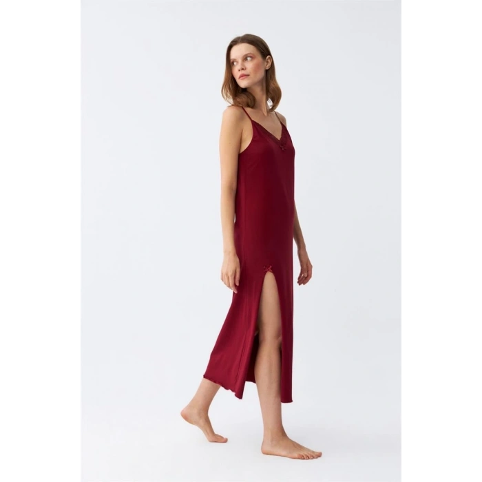 MARSiLYAN- Kadın İp Askılı Bordo Uzun Gecelik