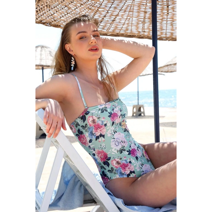 MARSiLYAN- Kadın İp Askılı Çiçek Desenli Straplez Mayo Su Yeşili
