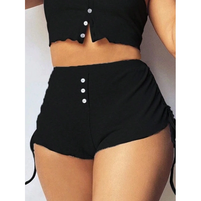 MARSiLYAN- Kadın Ip Askılı Crop Bluz Ve Yanlardan Büzgülü Ikili Kaşkorse Short Takım
