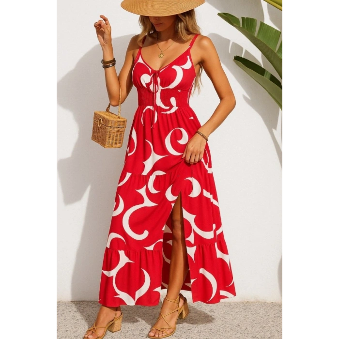 MARSiLYAN- Kadın Ip Askılı Dekolteli Bağcıklı Yırtmaçlı Desenli Süprem Elbise