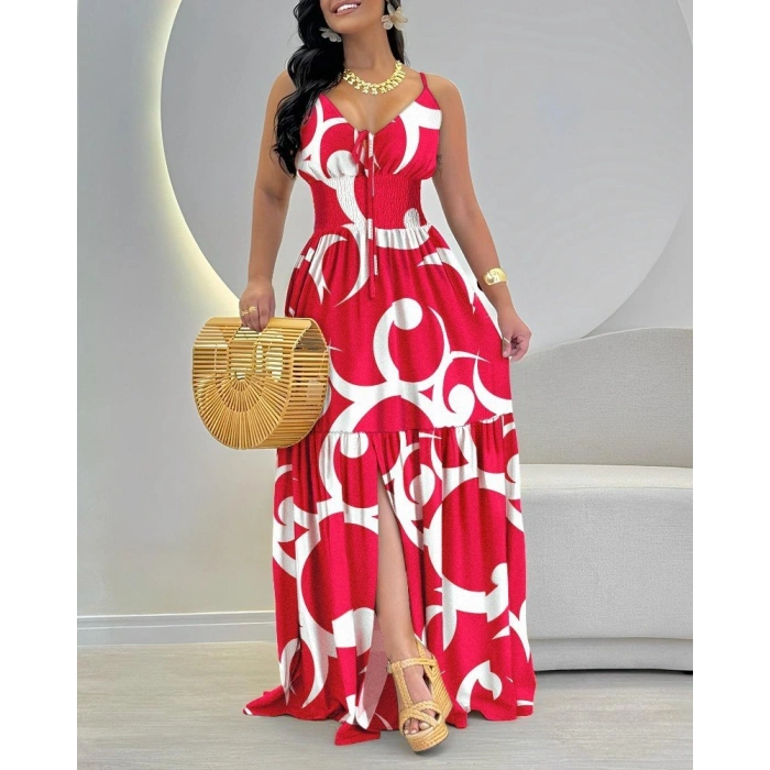 MARSiLYAN- Kadın Ip Askılı Dekolteli Bağcıklı Yırtmaçlı Desenli Süprem Elbise