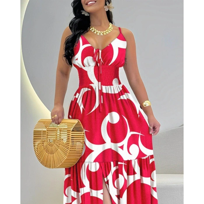 MARSiLYAN- Kadın Ip Askılı Dekolteli Bağcıklı Yırtmaçlı Desenli Süprem Elbise