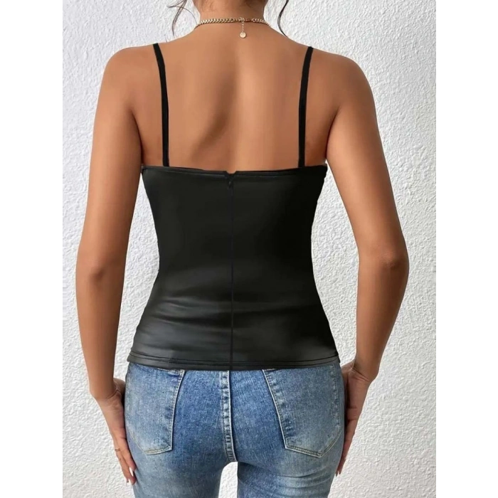 MARSiLYAN- Kadın Ip Askılı Geniş V Yakalı Deri Bluz