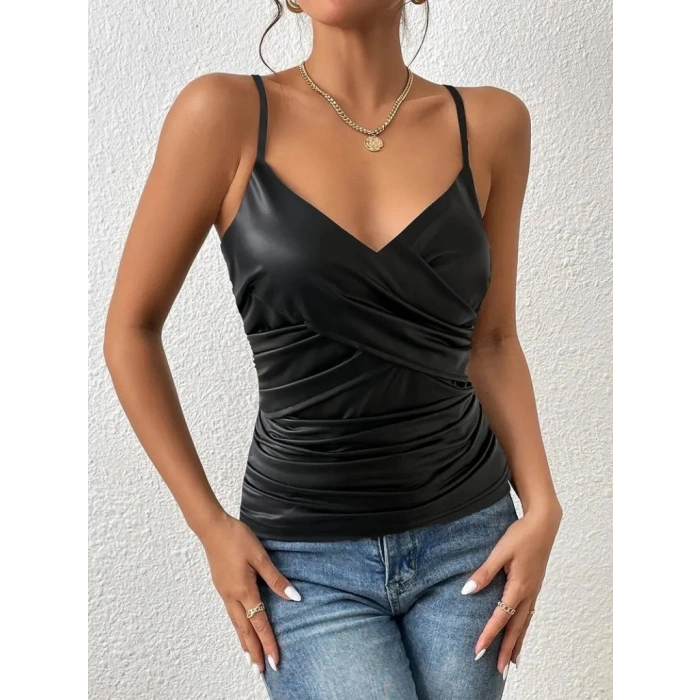 MARSiLYAN- Kadın Ip Askılı Geniş V Yakalı Deri Bluz