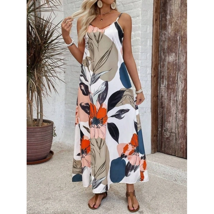 MARSiLYAN- Kadın Ip Askılı Geniş V Yakalı Desenli Süprem Elbise