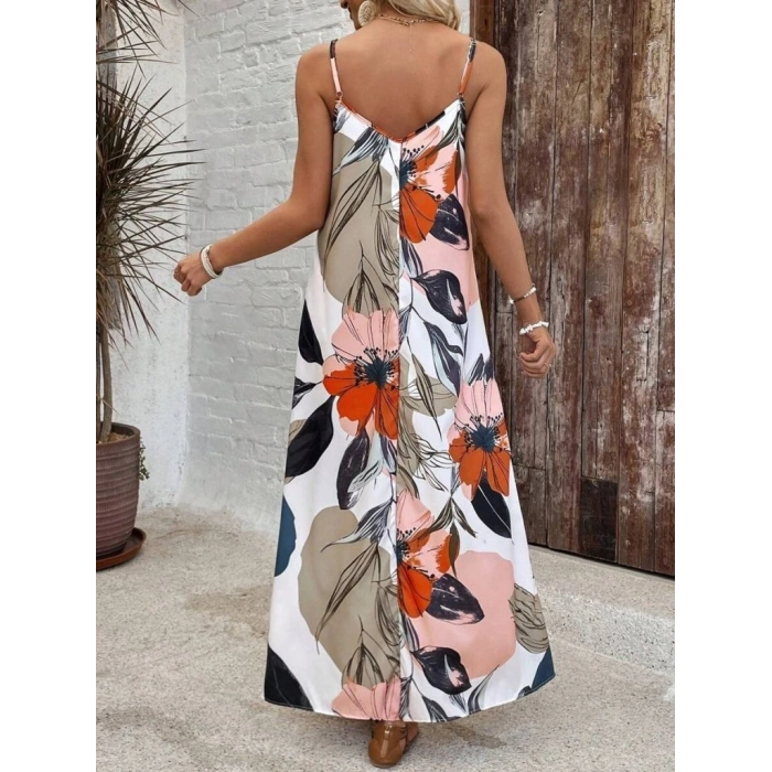 MARSiLYAN- Kadın Ip Askılı Geniş V Yakalı Desenli Süprem Elbise