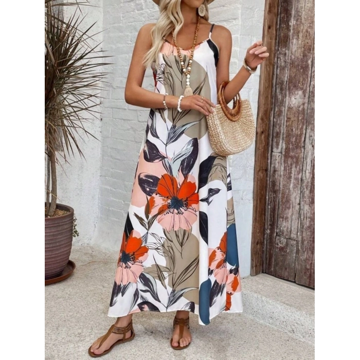 MARSiLYAN- Kadın Ip Askılı Geniş V Yakalı Desenli Süprem Elbise