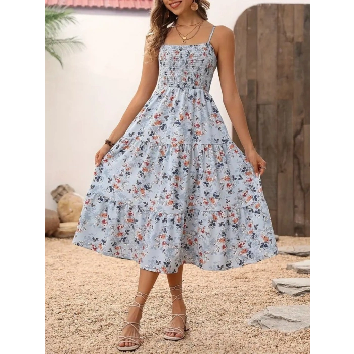 MARSiLYAN- Kadın Ip Askılı Geniş V Yakalı Desenli Uzun Süprem Elbise