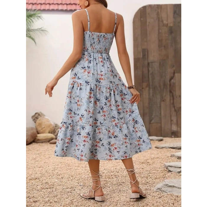 MARSiLYAN- Kadın Ip Askılı Geniş V Yakalı Desenli Uzun Süprem Elbise