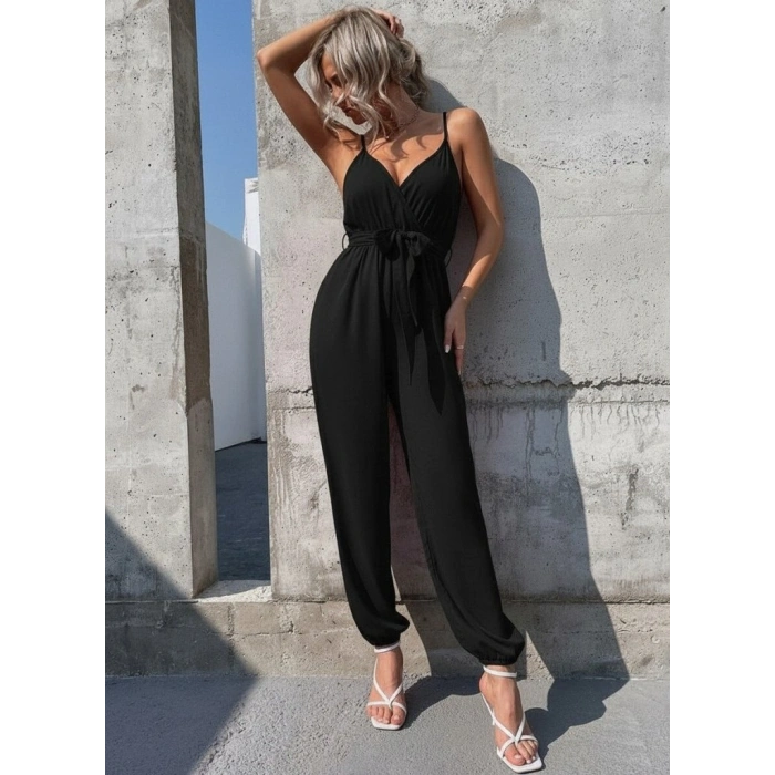 MARSiLYAN- Kadın Ip Askılı Kruvaze Yakalı Belden Kuşaklı Uzun Sandy Tulum