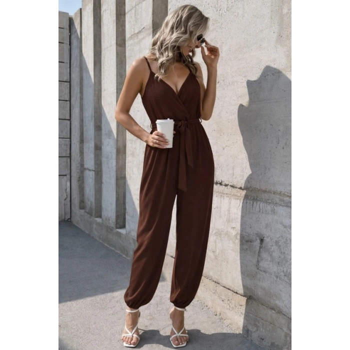 MARSiLYAN- Kadın Ip Askılı Kruvaze Yakalı Belden Kuşaklı Uzun Sandy Tulum