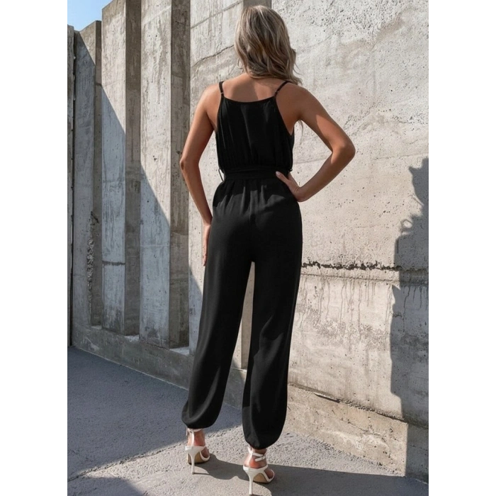 MARSiLYAN- Kadın Ip Askılı Kruvaze Yakalı Belden Kuşaklı Uzun Sandy Tulum