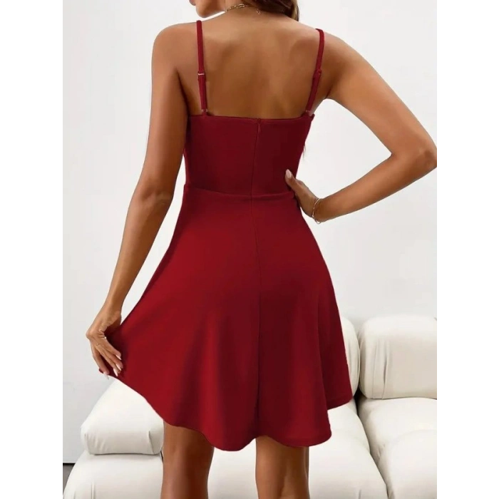 MARSiLYAN- Kadın Ip Askılı Kruvaze Yakalı Kısa ıthal Krep Elbise