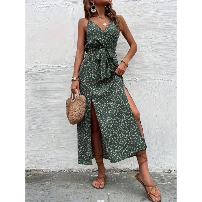 MARSiLYAN- Kadın Ip Askılı Kruvaze Yakalı Yırtmaçlı Uzun Desenli Kuşaklı Süprem Elbise