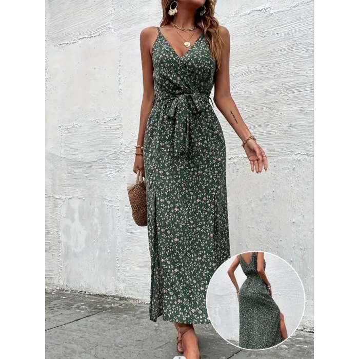 MARSiLYAN- Kadın Ip Askılı Kruvaze Yakalı Yırtmaçlı Uzun Desenli Kuşaklı Süprem Elbise