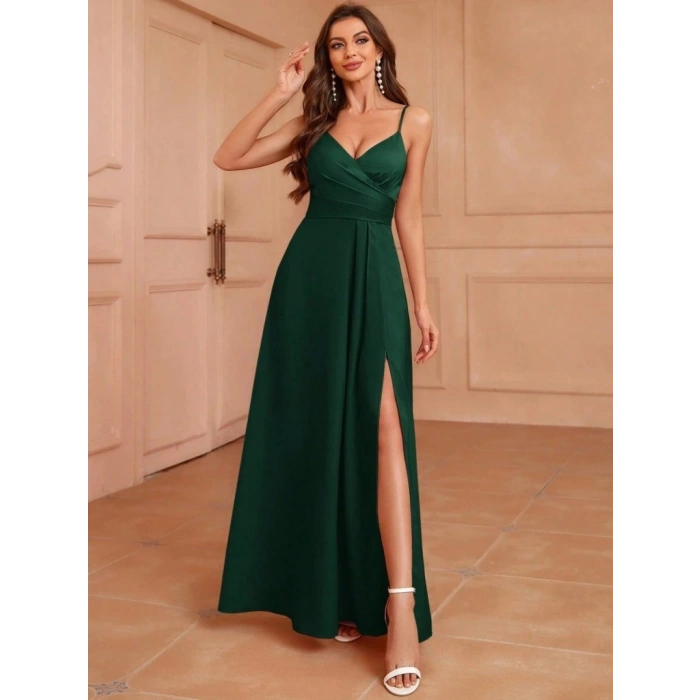 MARSiLYAN- Kadın Ip Askılı Kruvaze Yakalı Yırtmaçlı Uzun Ithal Krep Elbise