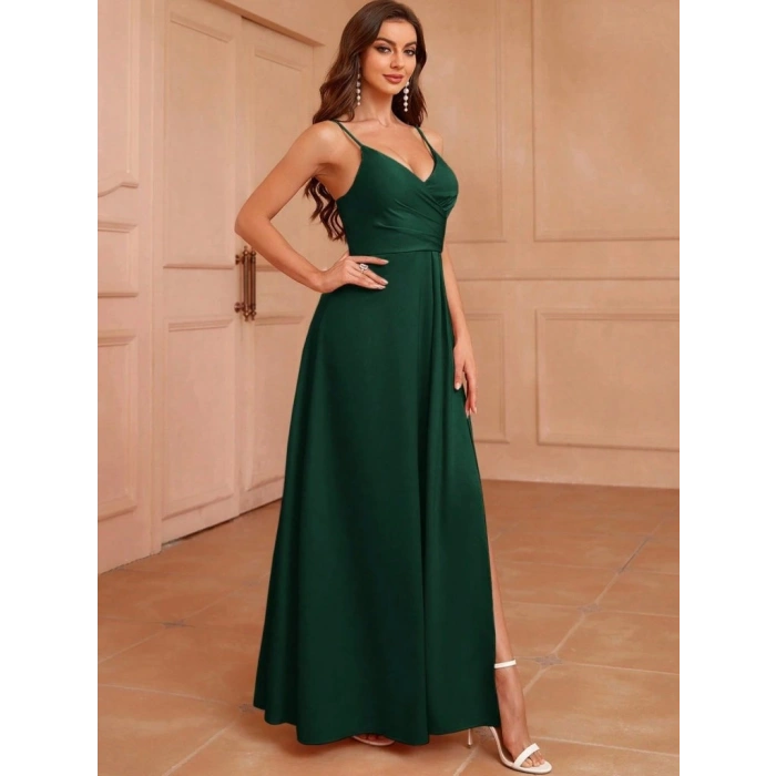 MARSiLYAN- Kadın Ip Askılı Kruvaze Yakalı Yırtmaçlı Uzun Ithal Krep Elbise