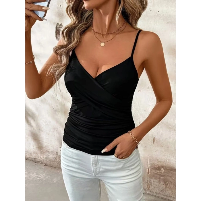 MARSiLYAN- Kadın Ip Askılı önden çapraz Detaylı Ithal Krep Bluz