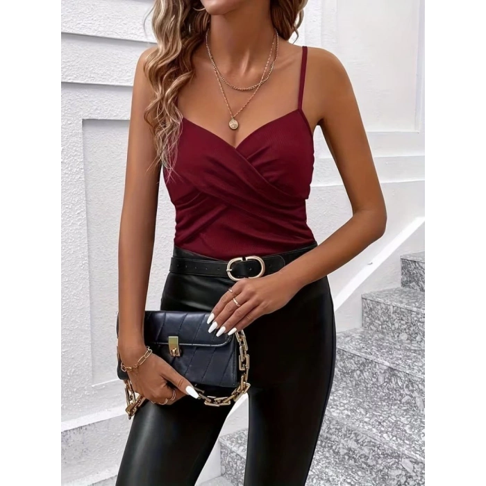 MARSiLYAN- Kadın Ip Askılı önden çapraz Detaylı Ithal Krep Bluz