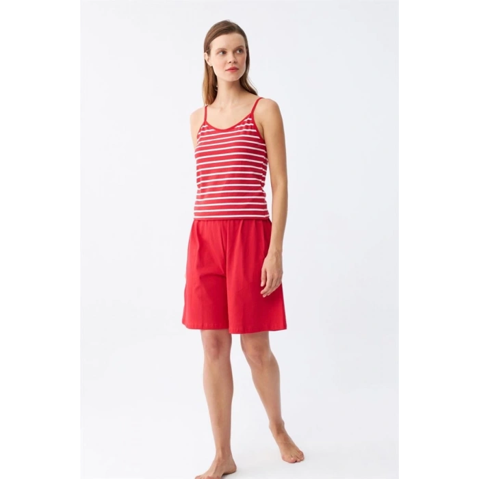 MARSiLYAN- Kadın İp Askılı Pamuk Penye Şortlu Takım Kırmızı