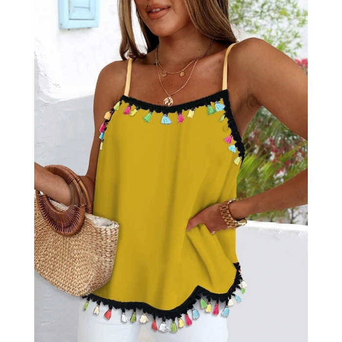 MARSiLYAN- Kadın Ip Askılı Püskül Detaylı Sandy Bluz