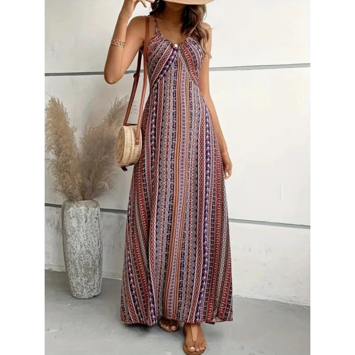 MARSiLYAN- Kadın Ip Askılı Sırttan çapraz Detaylı Yırtmaçlı Desenli Süprem Elbise