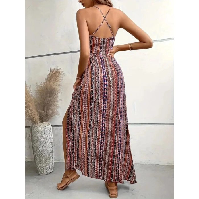 MARSiLYAN- Kadın Ip Askılı Sırttan çapraz Detaylı Yırtmaçlı Desenli Süprem Elbise