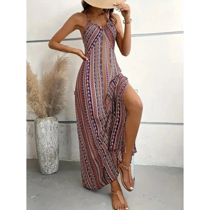 MARSiLYAN- Kadın Ip Askılı Sırttan çapraz Detaylı Yırtmaçlı Desenli Süprem Elbise