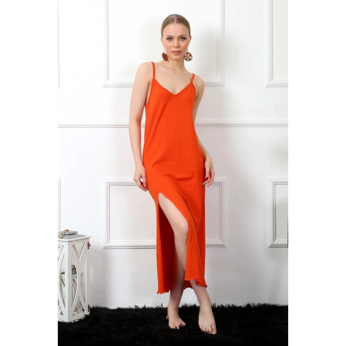 MARSiLYAN- Kadın İp Askılı Turuncu Uzun Gecelik