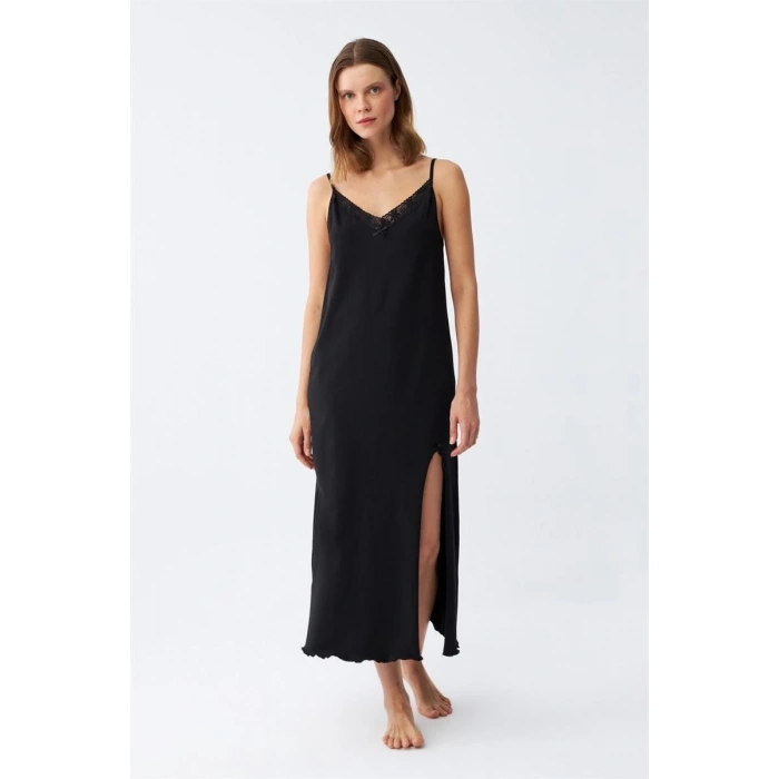 MİRAY- Kadın İp Askılı Uzun Gecelik Siyah