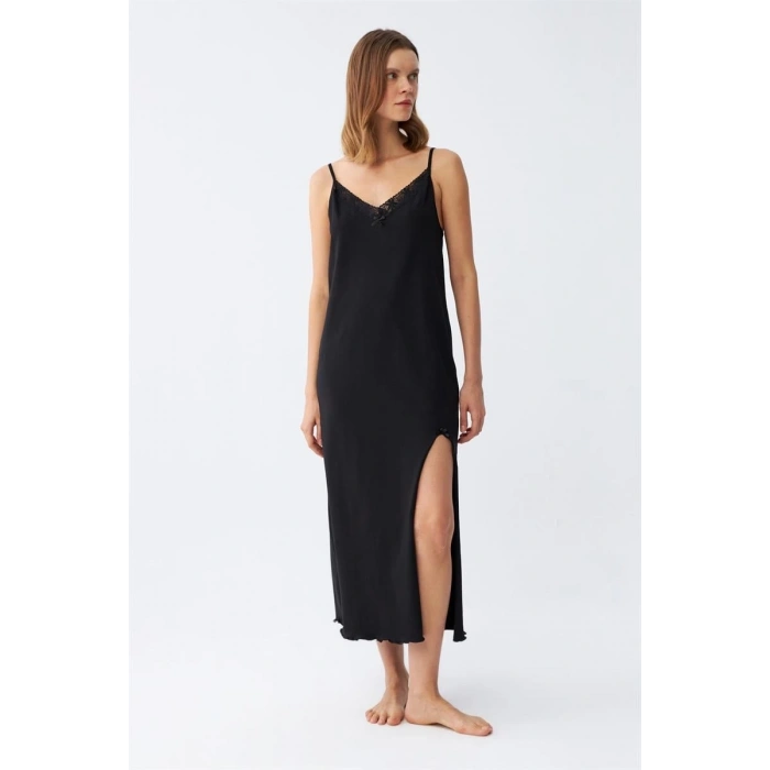 MİRAY- Kadın İp Askılı Uzun Gecelik Siyah