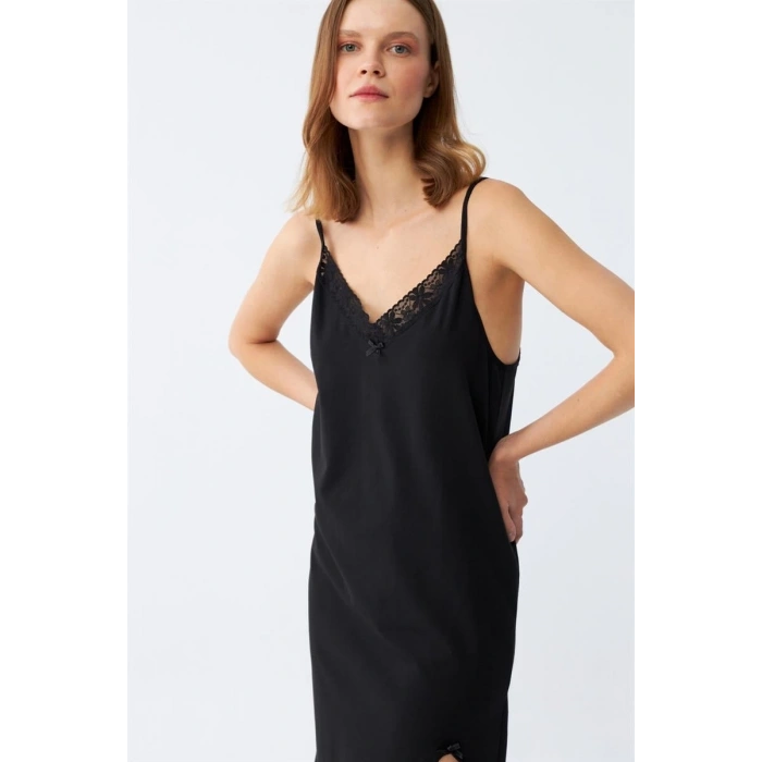 MİRAY- Kadın İp Askılı Uzun Gecelik Siyah