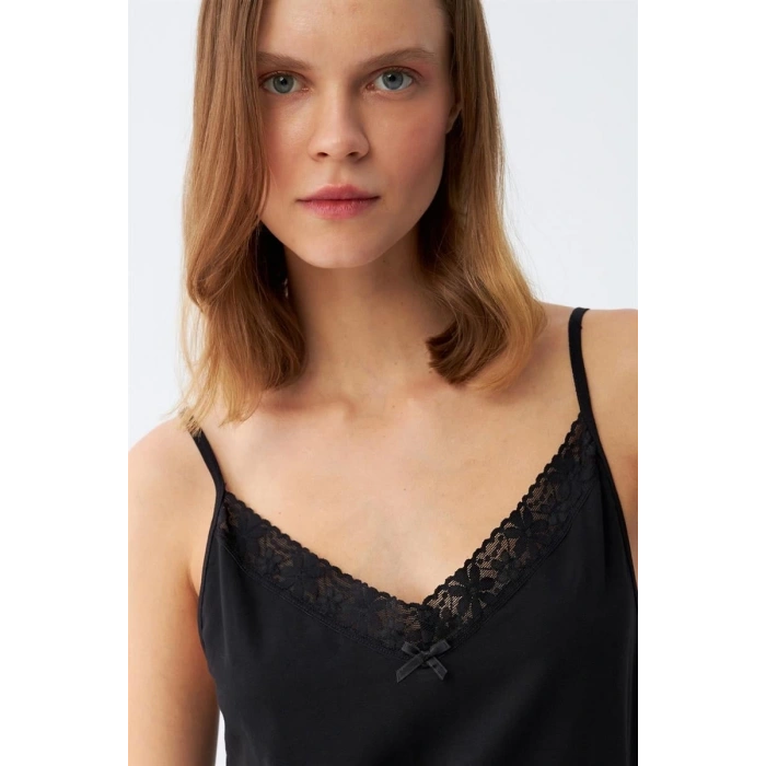 MARSiLYAN- Kadın İp Askılı Uzun Gecelik Siyah