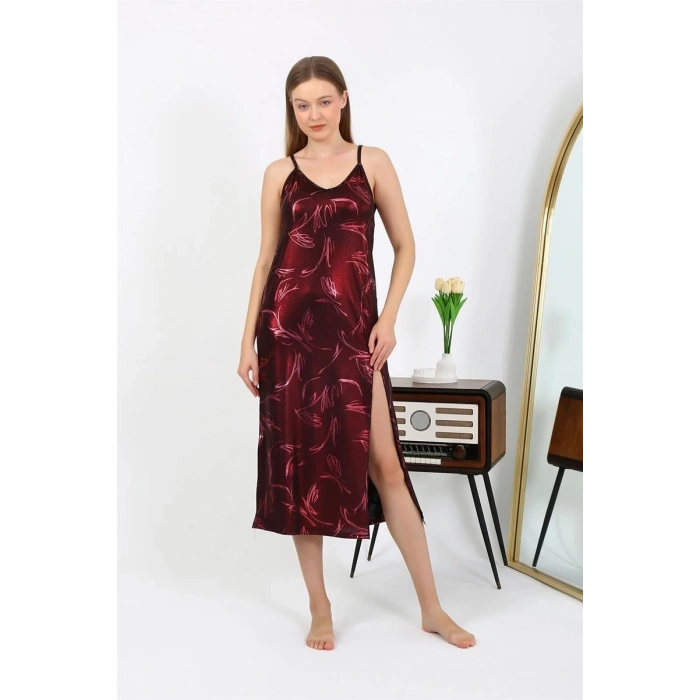 MARSiLYAN- Kadın İp Askılı Uzun Parlak Micro Elbise Gecelik Bordo
