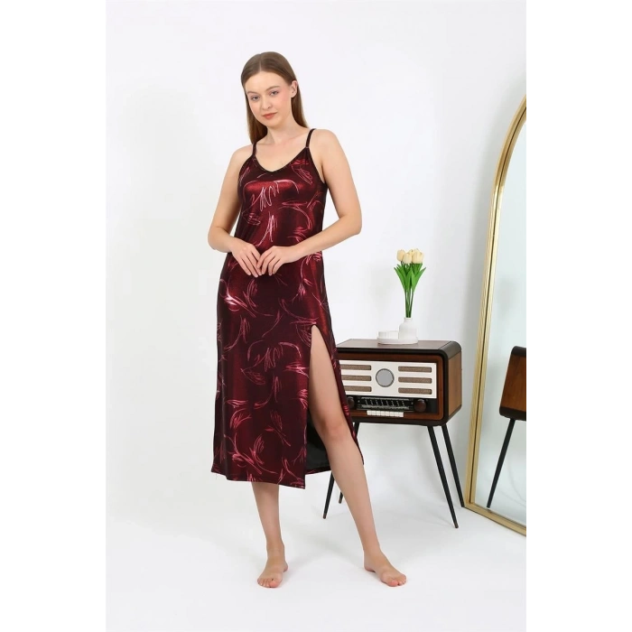 MARSiLYAN- Kadın İp Askılı Uzun Parlak Micro Elbise Gecelik Bordo