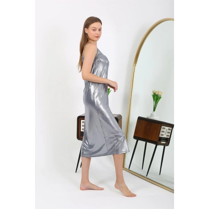 MARSiLYAN- Kadın İp Askılı Uzun Parlak Micro Elbise Gecelik Gri
