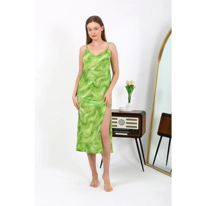MARSiLYAN- Kadın İp Askılı Uzun Parlak Micro Elbise Gecelik Yeşil