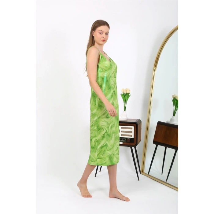 MARSiLYAN- Kadın İp Askılı Uzun Parlak Micro Elbise Gecelik Yeşil