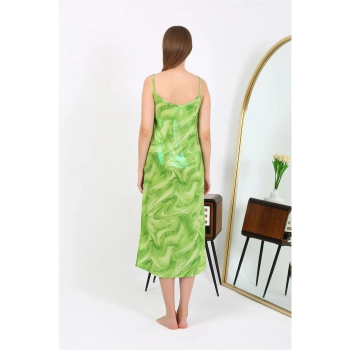 MARSiLYAN- Kadın İp Askılı Uzun Parlak Micro Elbise Gecelik Yeşil