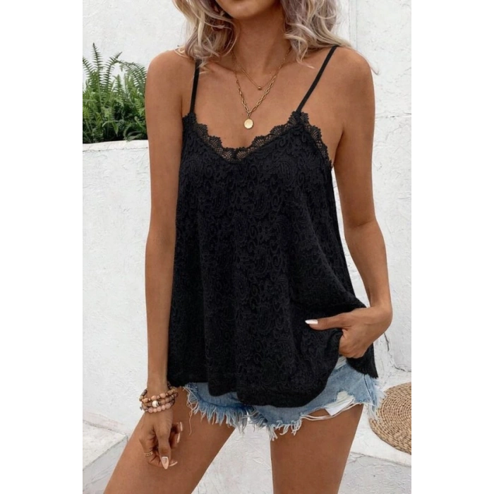 MARSiLYAN- Kadın Ip Askılı V Dantel Yakalı Dantel Bluz