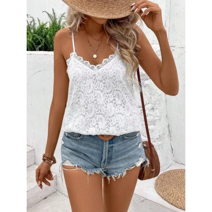 MARSiLYAN- Kadın Ip Askılı V Dantel Yakalı Dantel Bluz