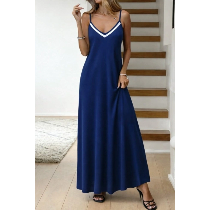 MARSiLYAN- Kadın Ip Askılı V şerit Yakalı Uzun Viskon Elbise