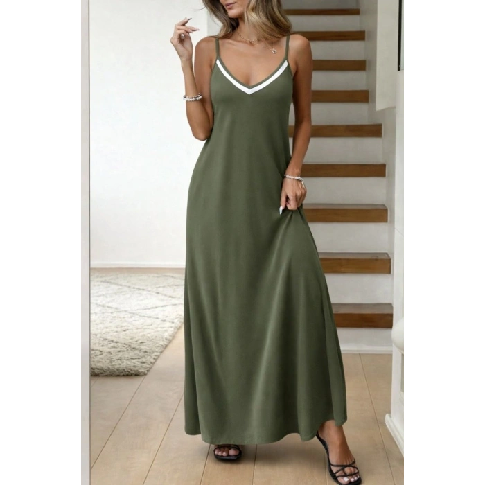 MARSiLYAN- Kadın Ip Askılı V şerit Yakalı Uzun Viskon Elbise