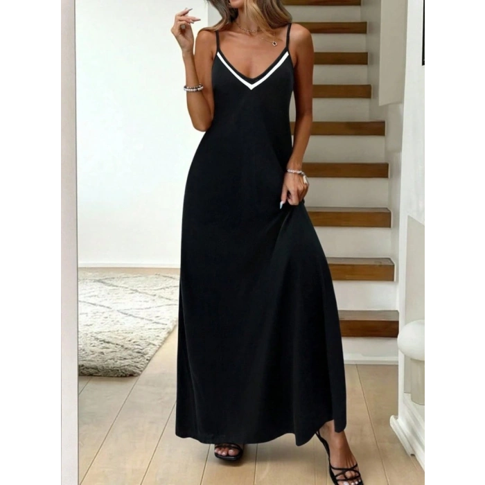 MARSiLYAN- Kadın Ip Askılı V şerit Yakalı Uzun Viskon Elbise