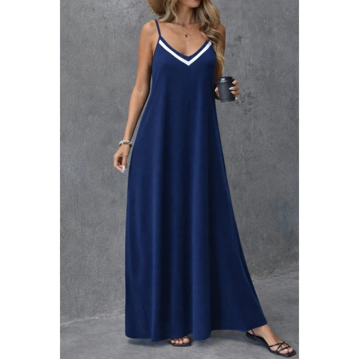 MARSiLYAN- Kadın Ip Askılı V şerit Yakalı Uzun Viskon Elbise