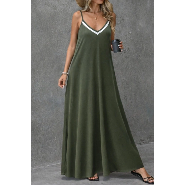 MARSiLYAN- Kadın Ip Askılı V şerit Yakalı Uzun Viskon Elbise