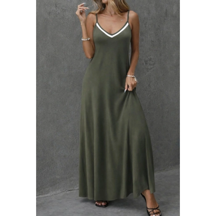 MARSiLYAN- Kadın Ip Askılı V şerit Yakalı Uzun Viskon Elbise