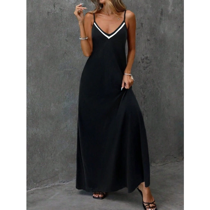 MARSiLYAN- Kadın Ip Askılı V şerit Yakalı Uzun Viskon Elbise
