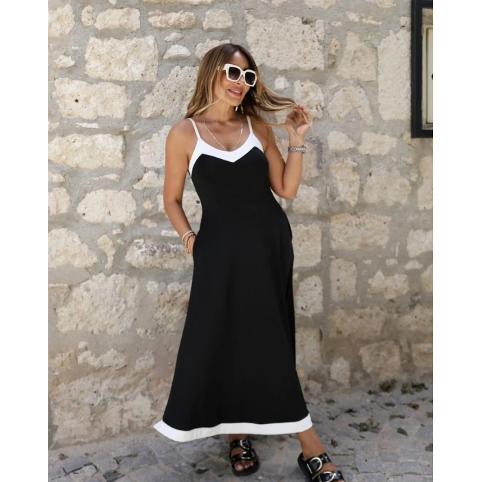 MARSiLYAN- Kadın Ip Askılı V Yakalı çift Renkli Janjan Krep Elbise