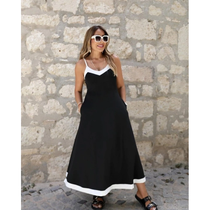 MARSiLYAN- Kadın Ip Askılı V Yakalı çift Renkli Janjan Krep Elbise